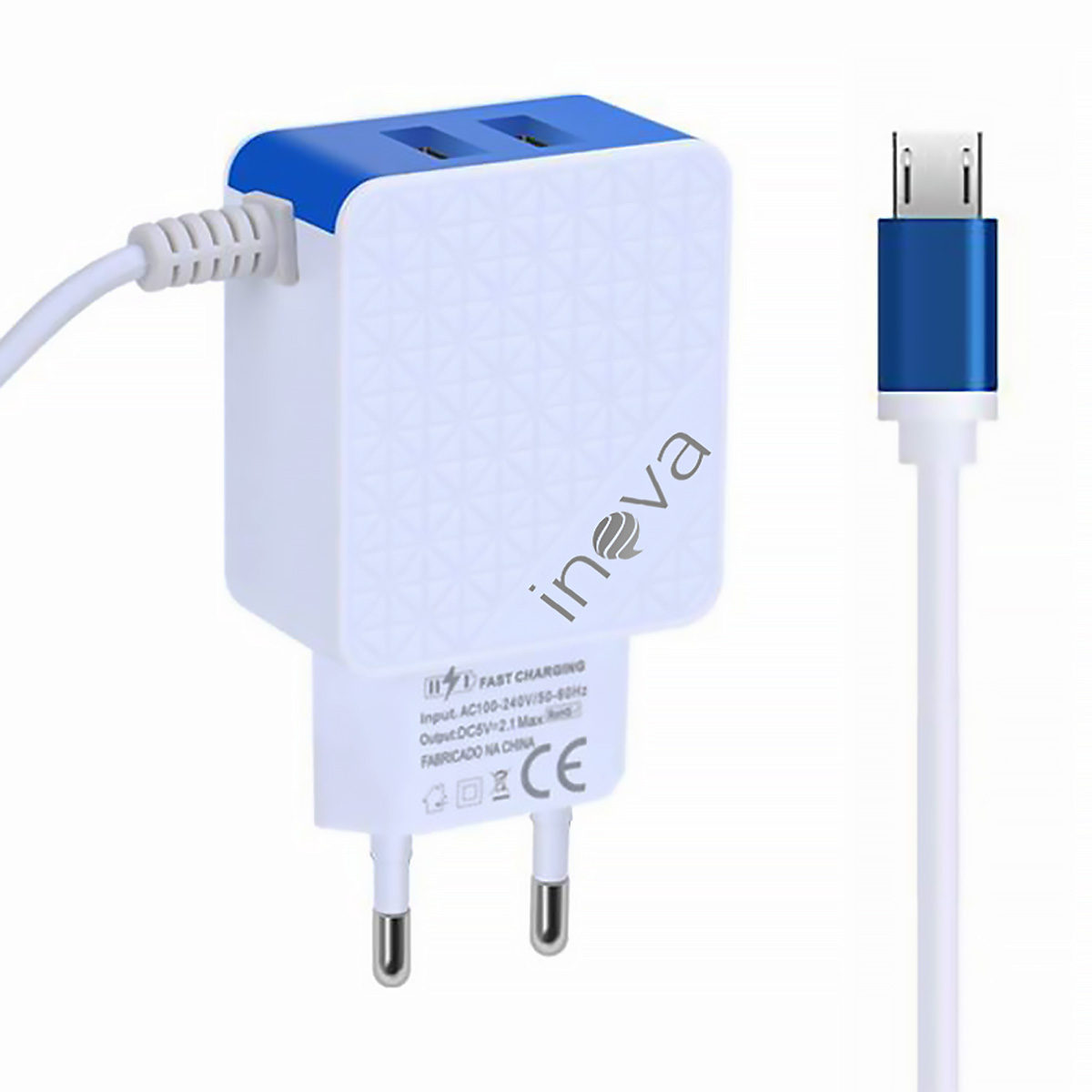 Fonte 3.1A 2 Saidas com Cabo Micro USB V8 Inova CAR-9011