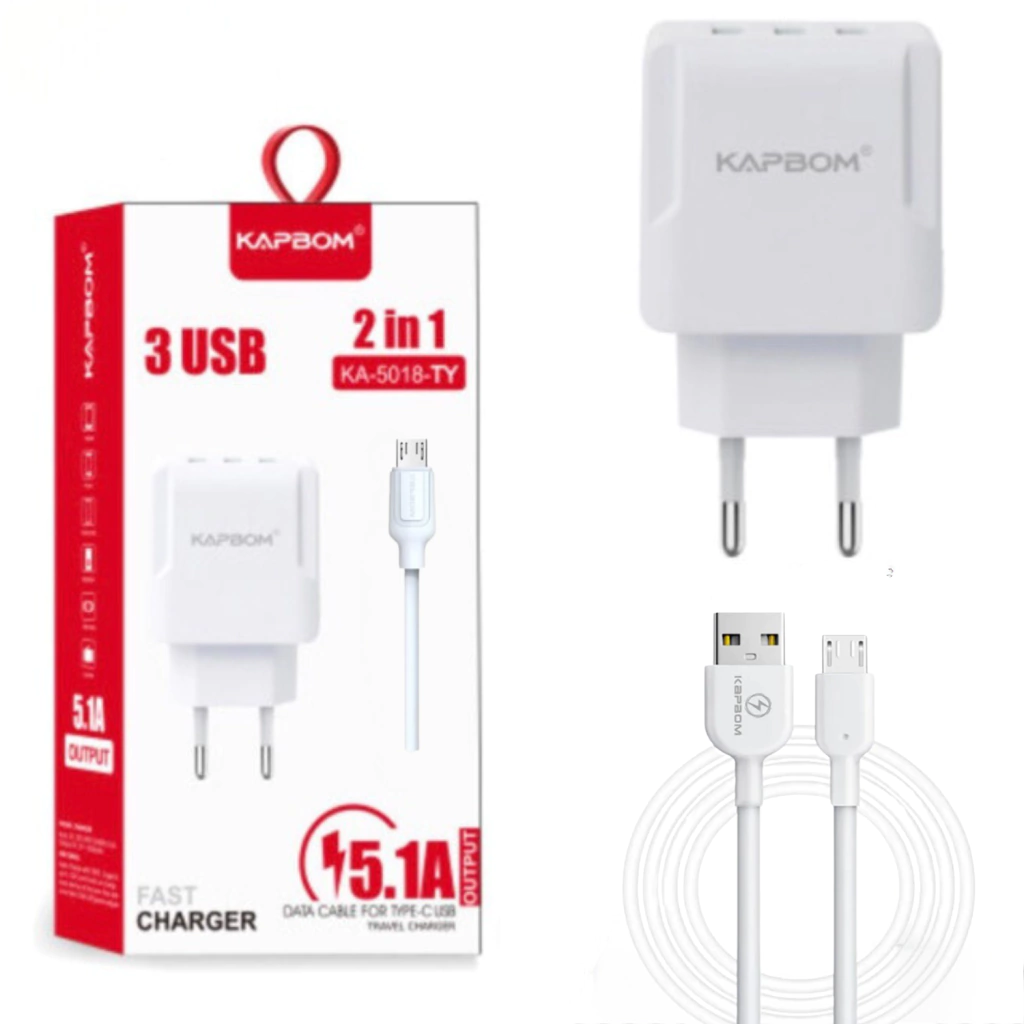 Fonte 5.1A 3 Saídas USB com Cabo Tipo C Kapbom KA-5018-TY